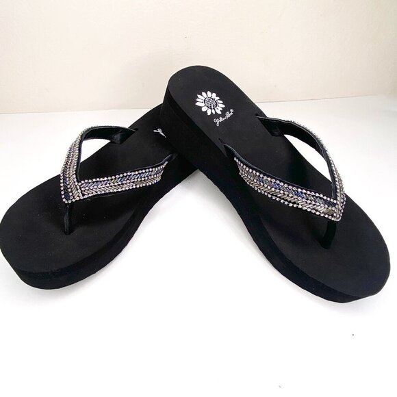 NEW Yellow Box Wedge Flip Flops 8.5 Black Platform Sandals Rainbow Crystal Boho - Picture 1 of 10